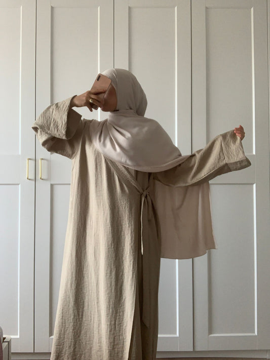 NEU! Abaya HALIMA Taupe-Mokka (Viskose und Leinen)